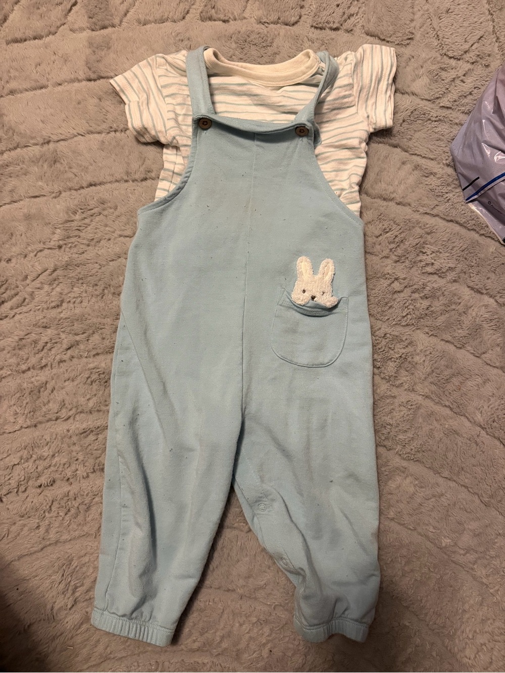 cloud island Light Blue Overalls with Bunny Pocket